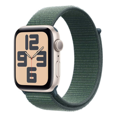 Apple Watch SE (2024), 44 мм корпус из алюминия цвета «Starlight», ремешок Sport Loop цвета «Lake Green»