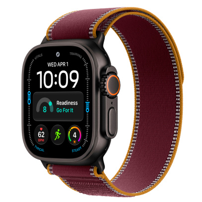 Apple Watch Ultra 4, 49 мм корпус из титана цвета «Black», ремешок Trail Loop цвета «Burgundy» размера S/M
