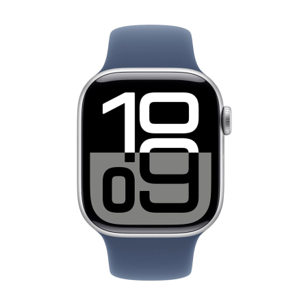 Apple Watch Series 10, 46 мм корпус из алюминия цвета «Silver», ремешок Sport Band размера S/M цвета «Denim»